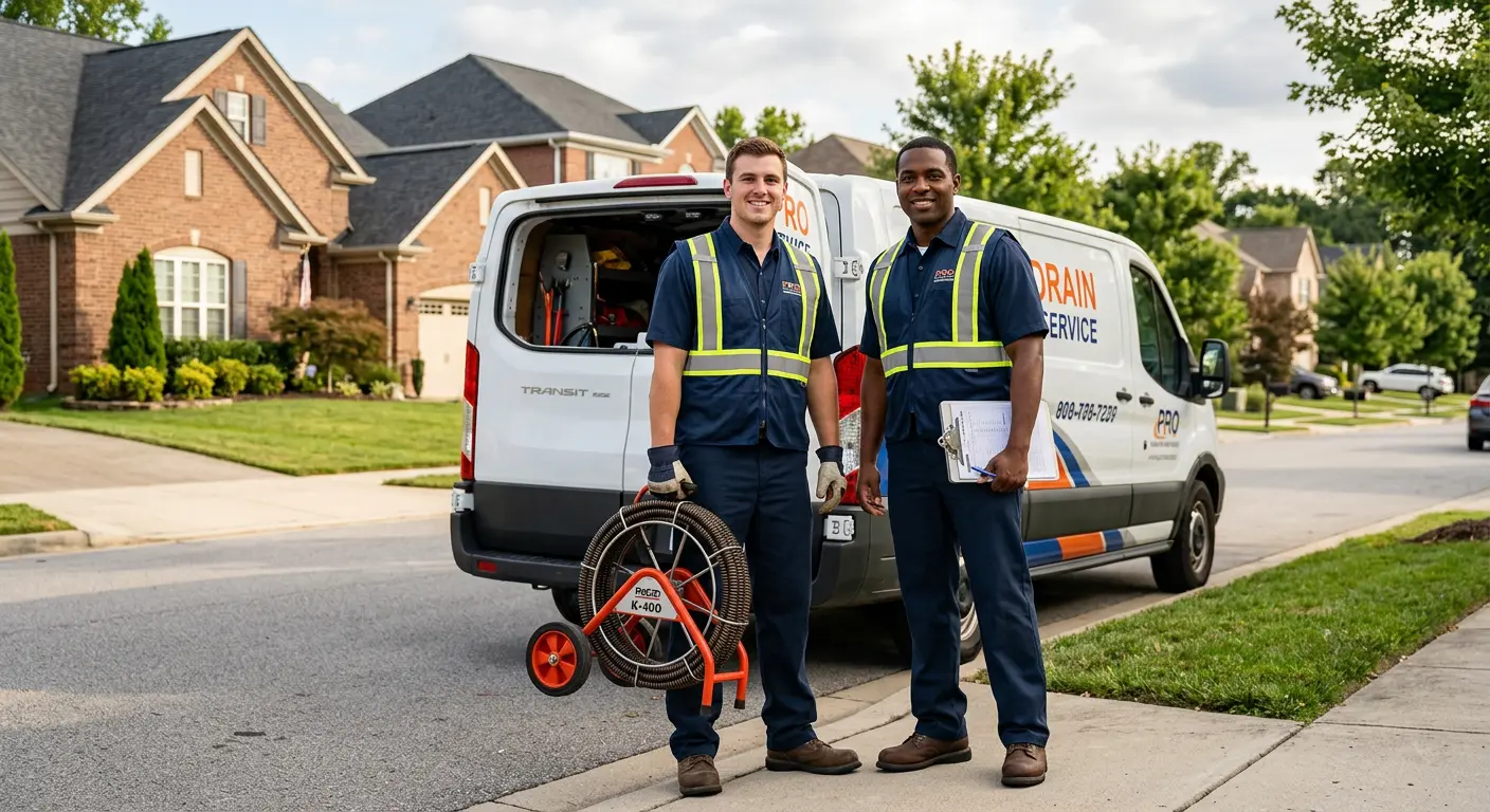 Sewer and drain service team with equipment ready for work in Schertz