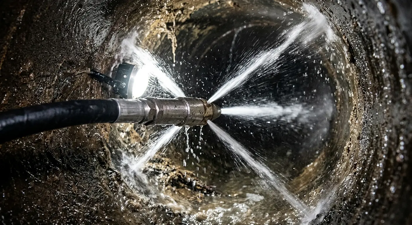 High-pressure hydro jetting nozzle cleaning sewer pipe for Sewer Cleanout in Schertz