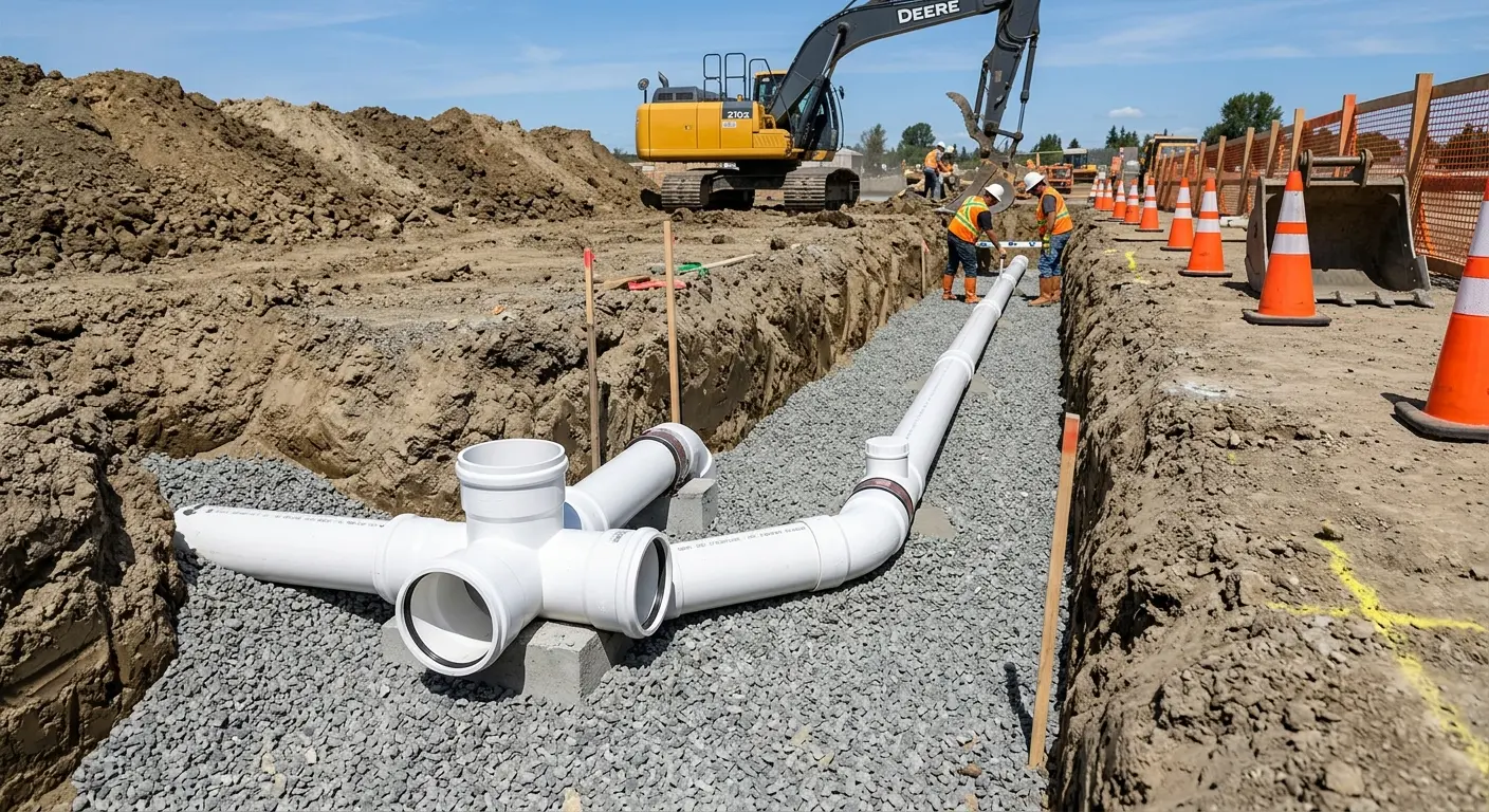 New PVC sewer pipe installation in open trench for Sewer Backup in Schertz