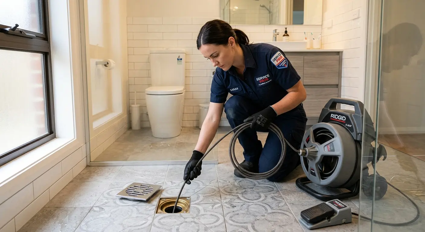 Technician clearing a bathroom floor drain for Drain Cleaning in Schertz